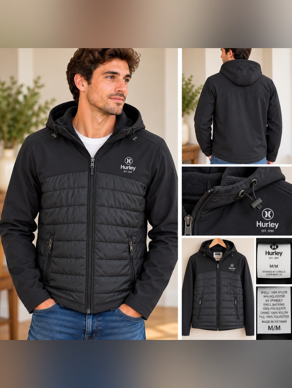 Hurley Men's Black Quilted Hooded Jacket